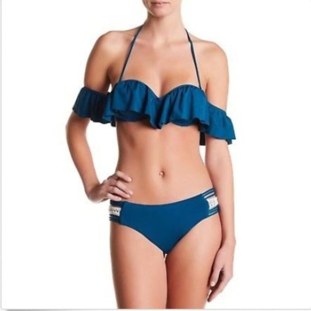 Radio Fiji Teal Dharma Bikini Set Halter Off Shoulder Strappy Ruffle Flounce L